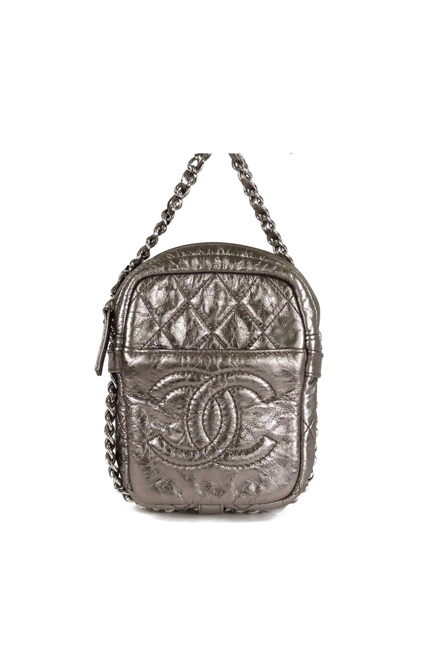 Chanel Quilted Chain Bag Metallic Silver Leather CC Logo Handbag